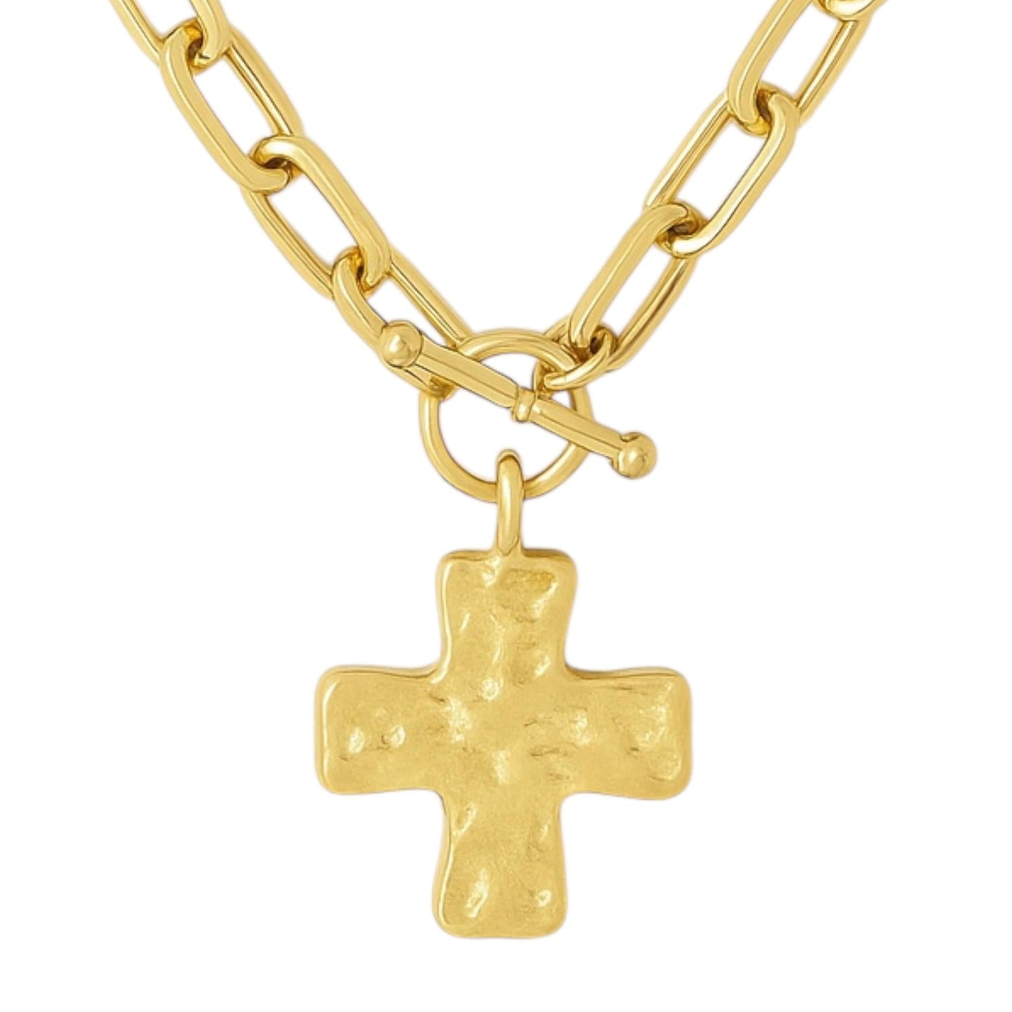 Gold cross charm on chunky toggle chain necklace, 18k gold-plated