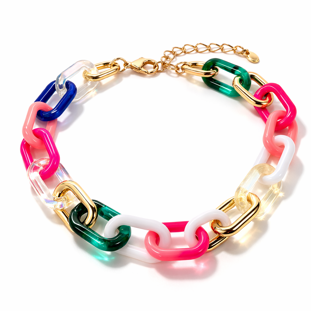 Multi Color Chunky Link Chain Necklace for Women - close-up detail view