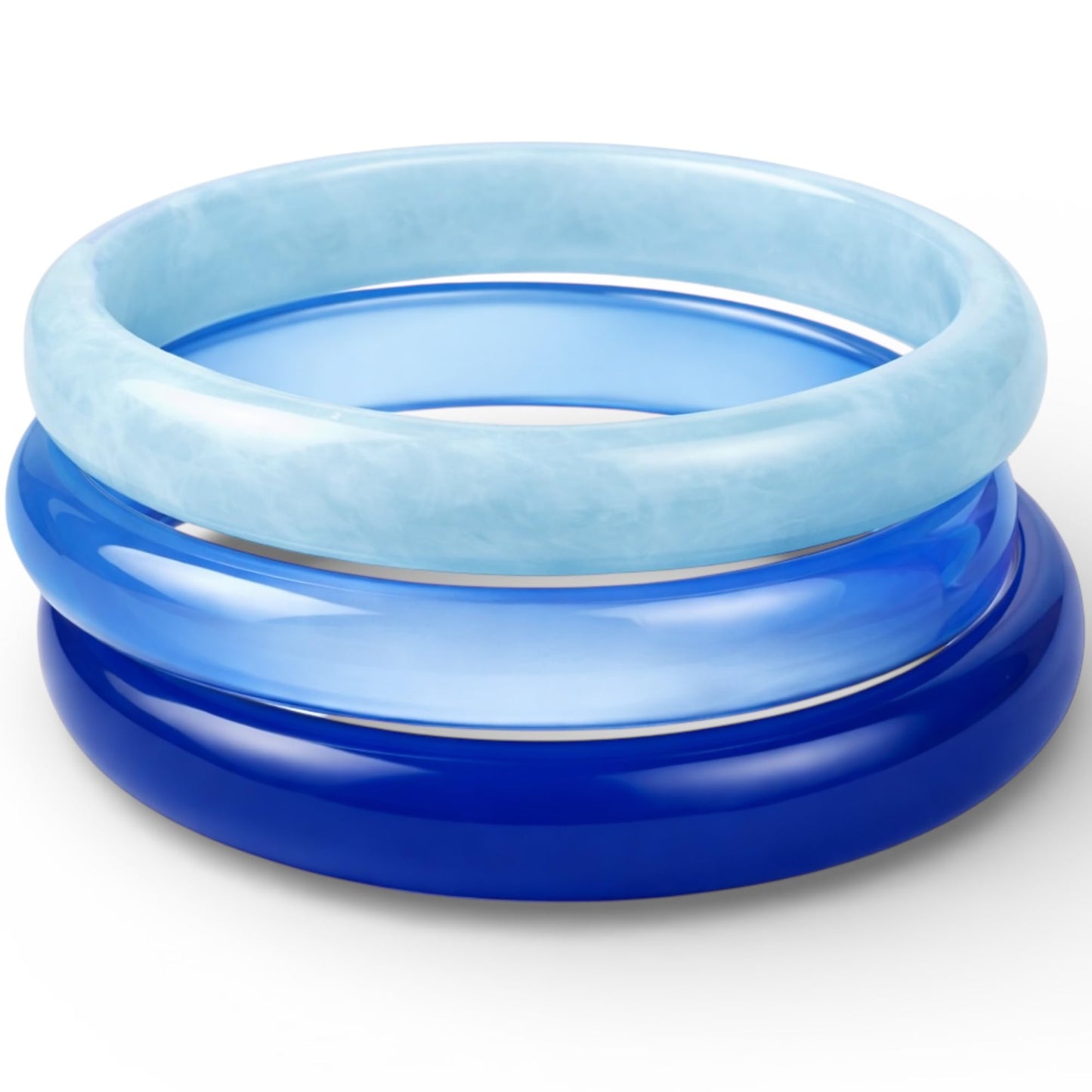 Blue ombre resin bangle set of three bracelets in light, medium, and dark blue