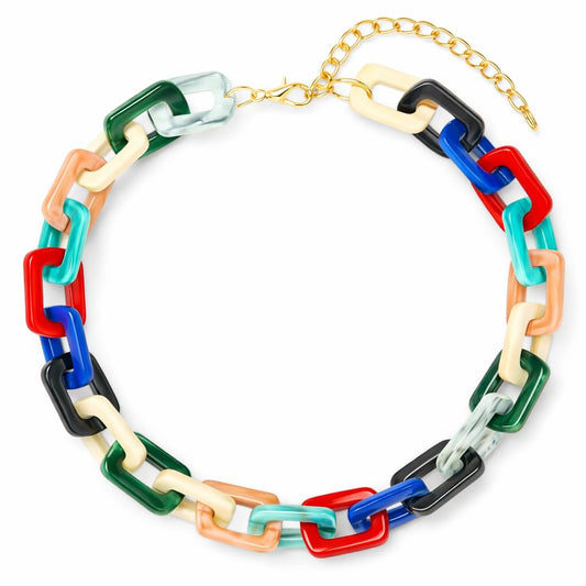 Colorful chunky acrylic chain link necklace in turquoise, coral, and navy