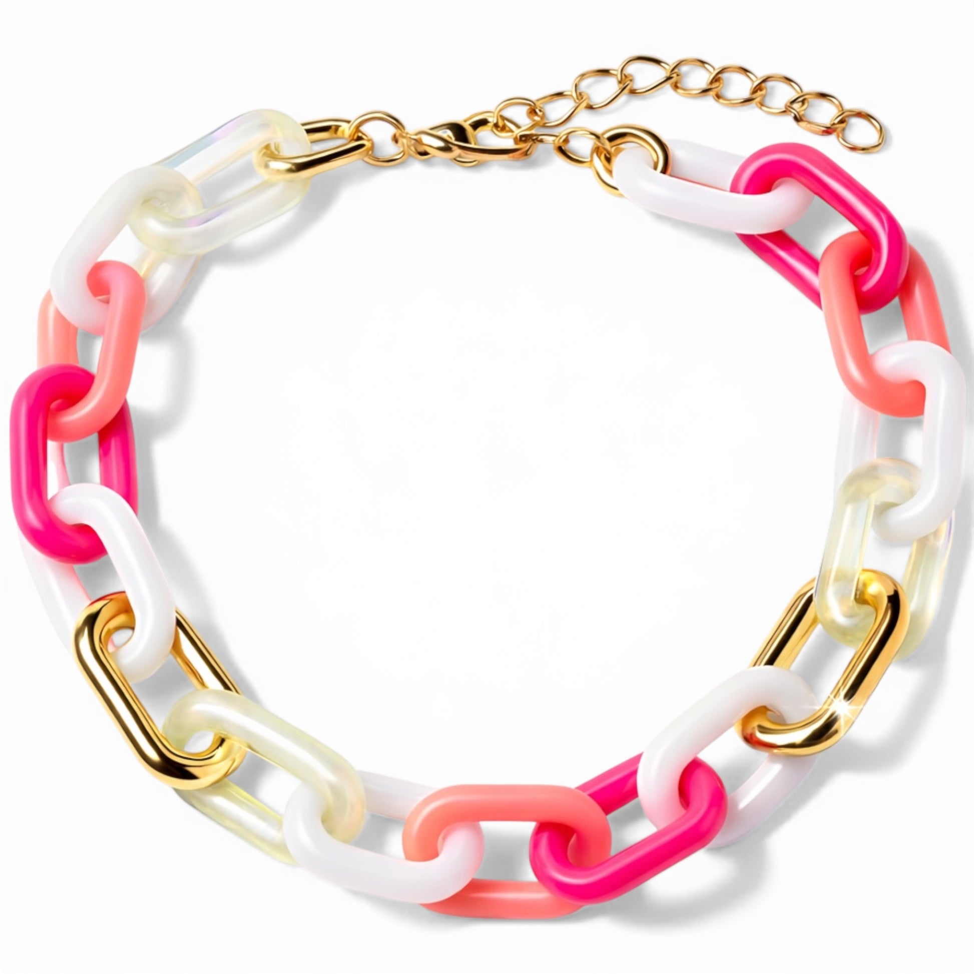 Chunky Link Chain Necklace — Pink & Gold - close-up detail view