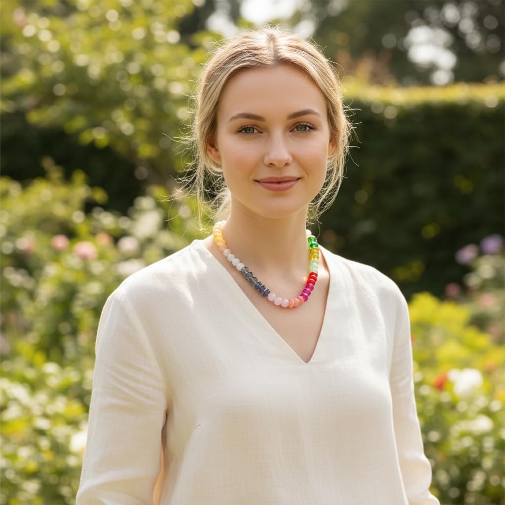 Artisan glass bead necklace worn for everyday style