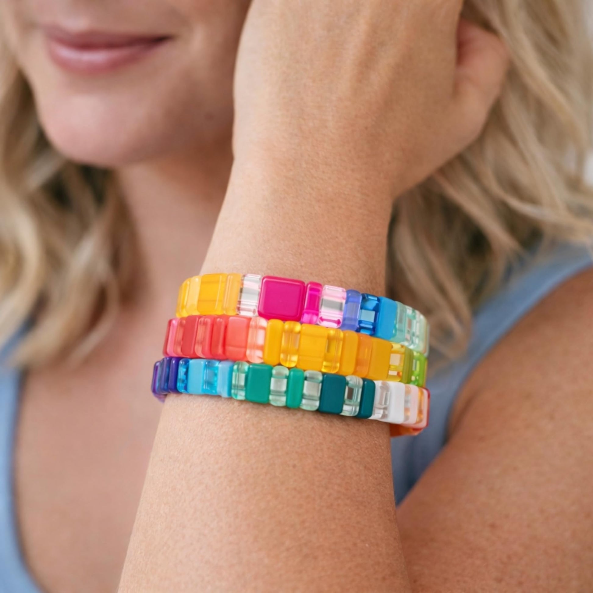 Close-up of natural stone bead detail on stretch bracelets