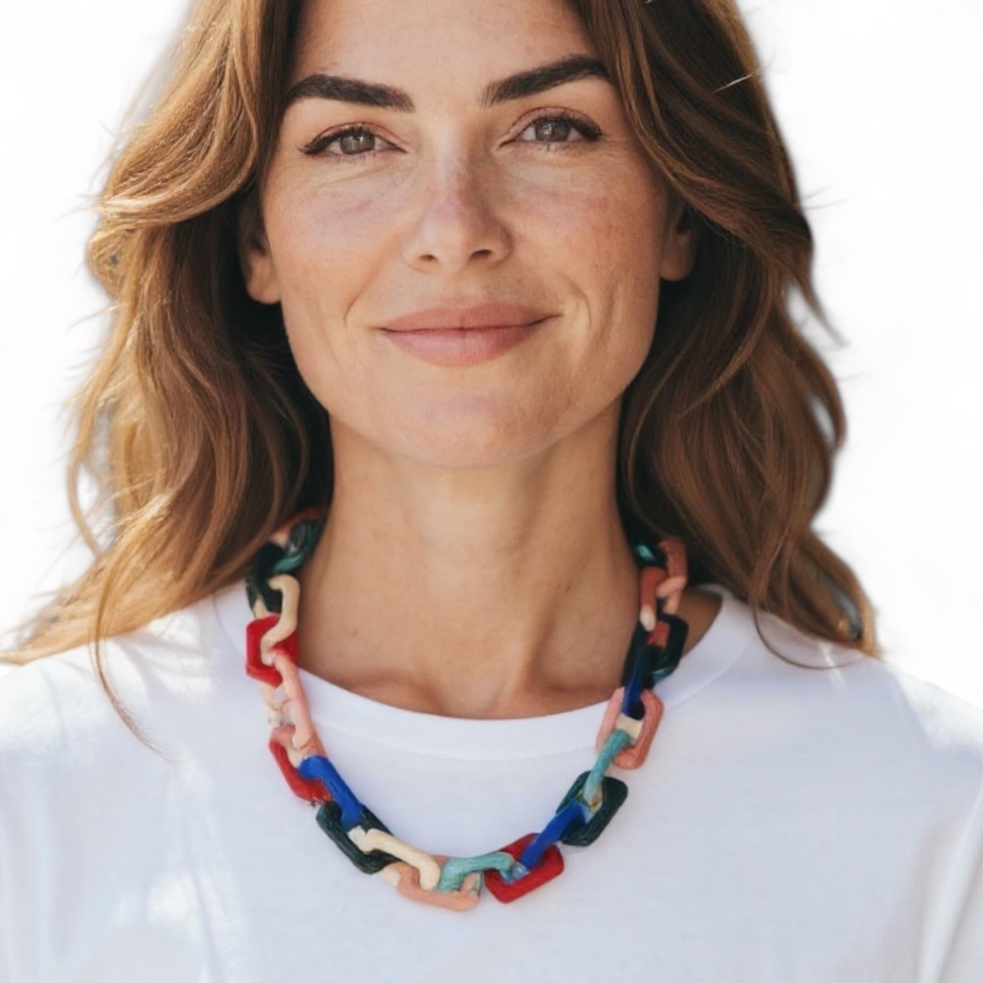 Chunky link necklace flat lay showing vibrant colors