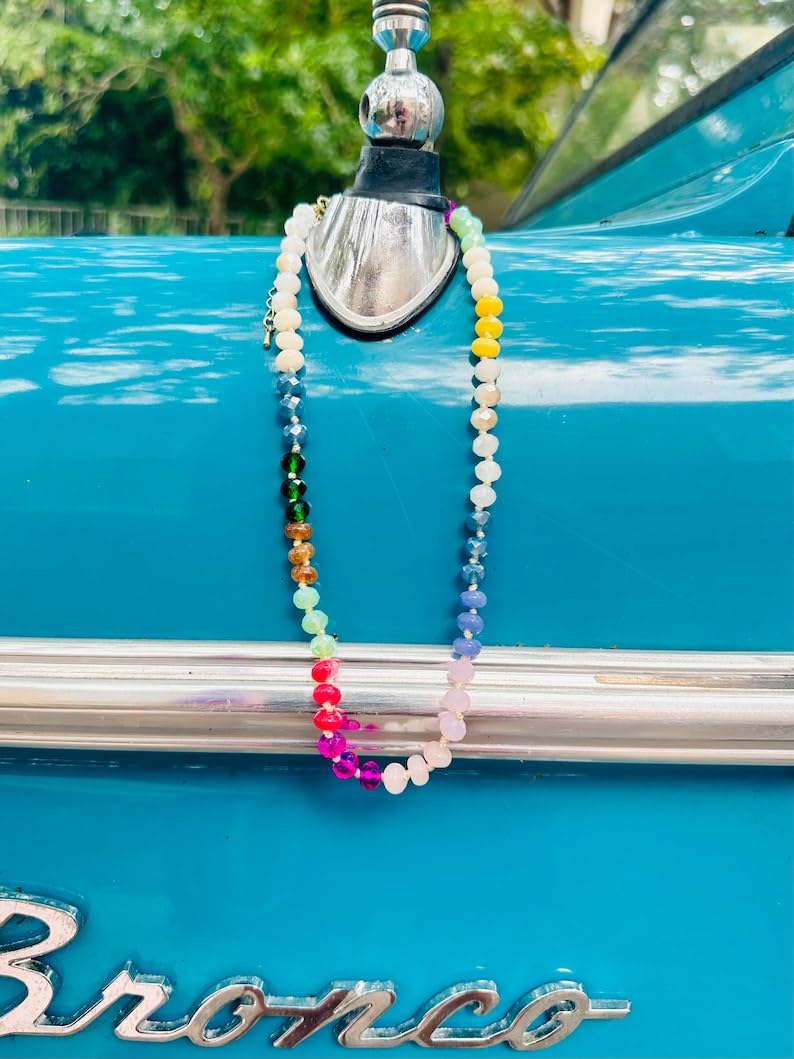 Close-up of hand-knotted glass bead pattern