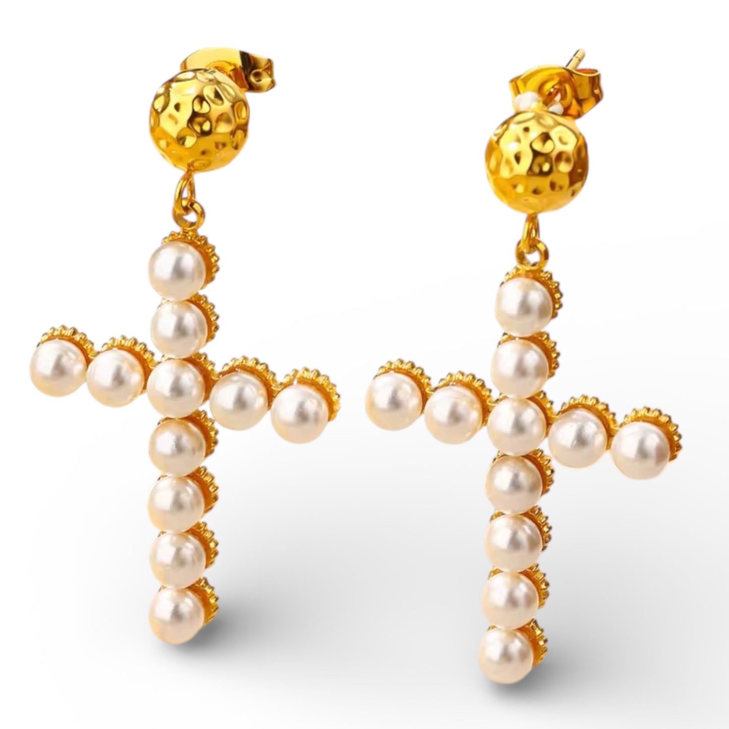 Gold cross pearl earrings with pearl accent detail by WineWear