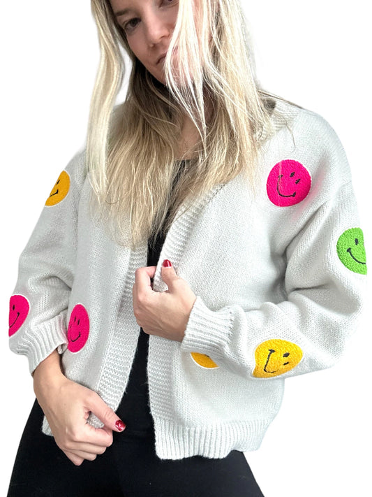 Sipping on Lemonade: Smiley Face Embroidered Patch Cardigan