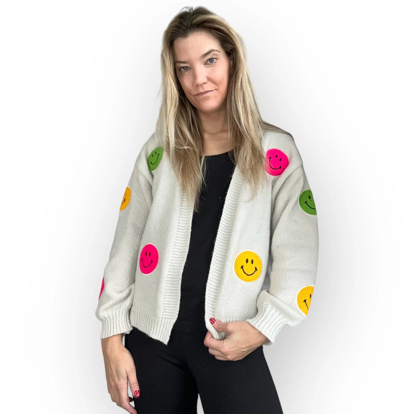 Sipping on Lemonade: Smiley Face Embroidered Patch Cardigan