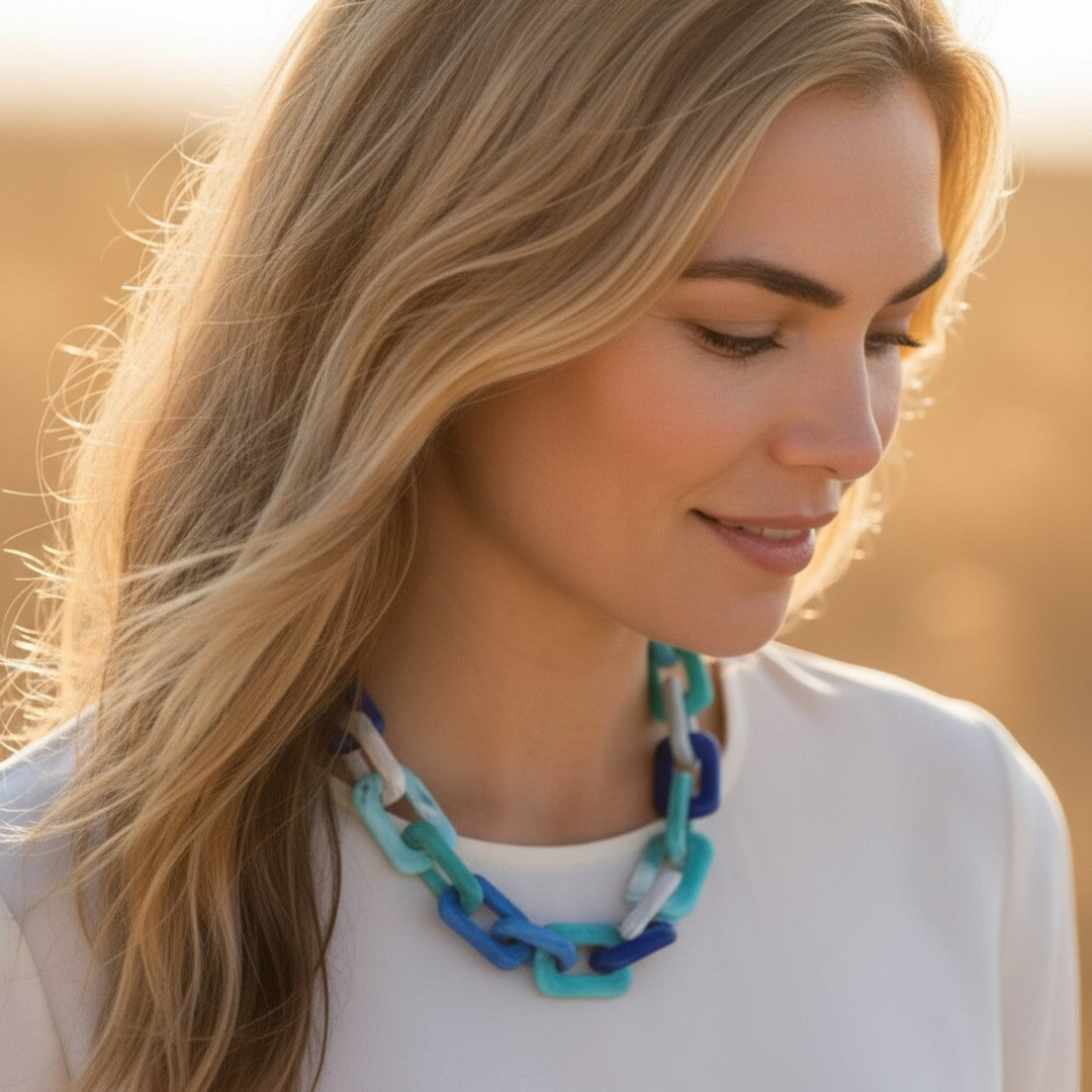 Blue Chunky Acrylic Link Necklace - closeup styling