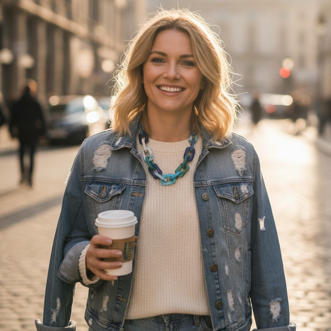Blue Chunky Acrylic Link Necklace - everyday styling