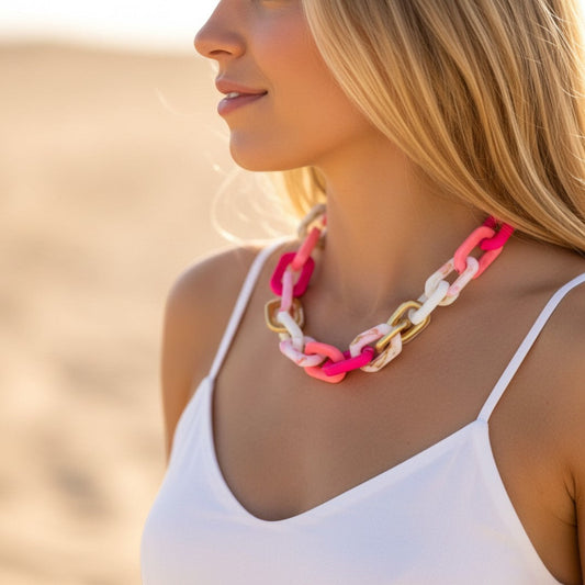 Pink & Gold Chunky Link Necklace - closeup styling