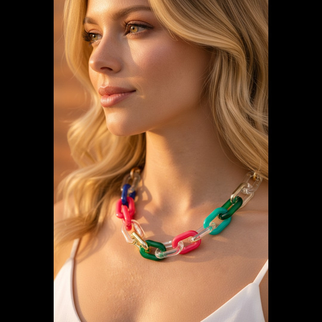 Colorful Resin Link Chain Necklace - closeup styling