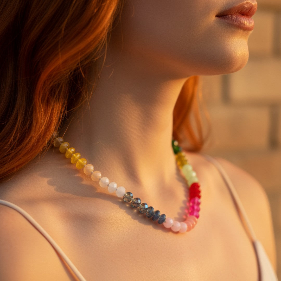 Hand-Knotted Glass Bead Necklace - closeup styling